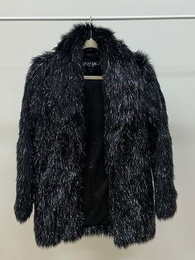 Black Shimmer Faux Fur Coat